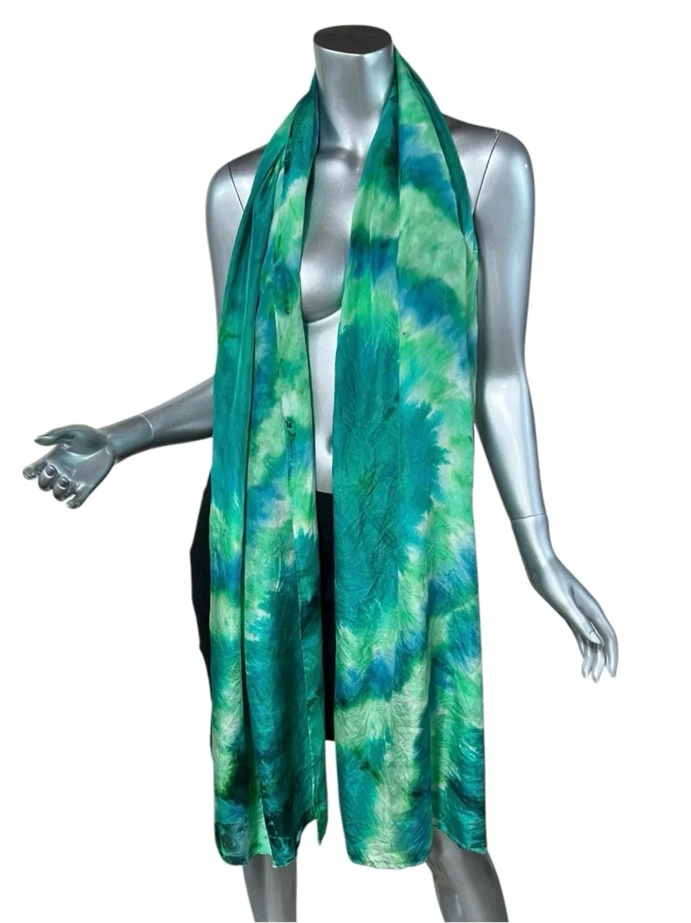 Vibrant Blue Green Tie Dye Silky Feel Long Scarf 20”x84”
